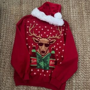 Red Reindeer Holiday Sweater and santa hat bundle